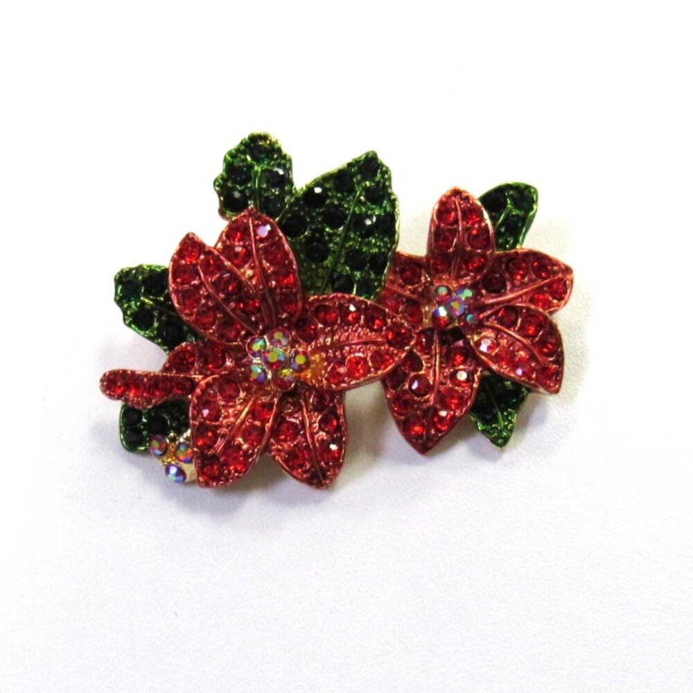 Red Rhinestone Crystal Poinsettia Pin Brooch Christmas Holiday New